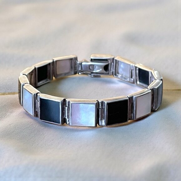 Vintage Sterling Silver Black Onyx Mother of Pearl Link Panel Bracelet 925 7" - Picture 10 of 10